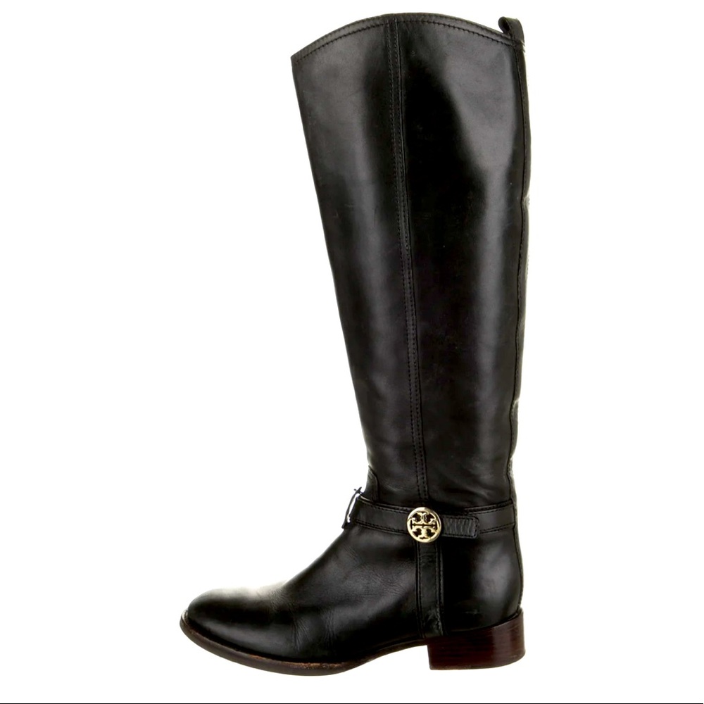Black leather Tory Burch riding boots gold accents